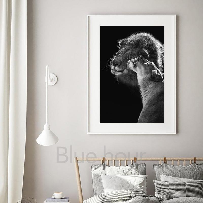 Lion and Lioness Animal Canvas Print Black White Abstract Watercolor Painting Poster Nursery Wall Art Pictures Living Room Decor