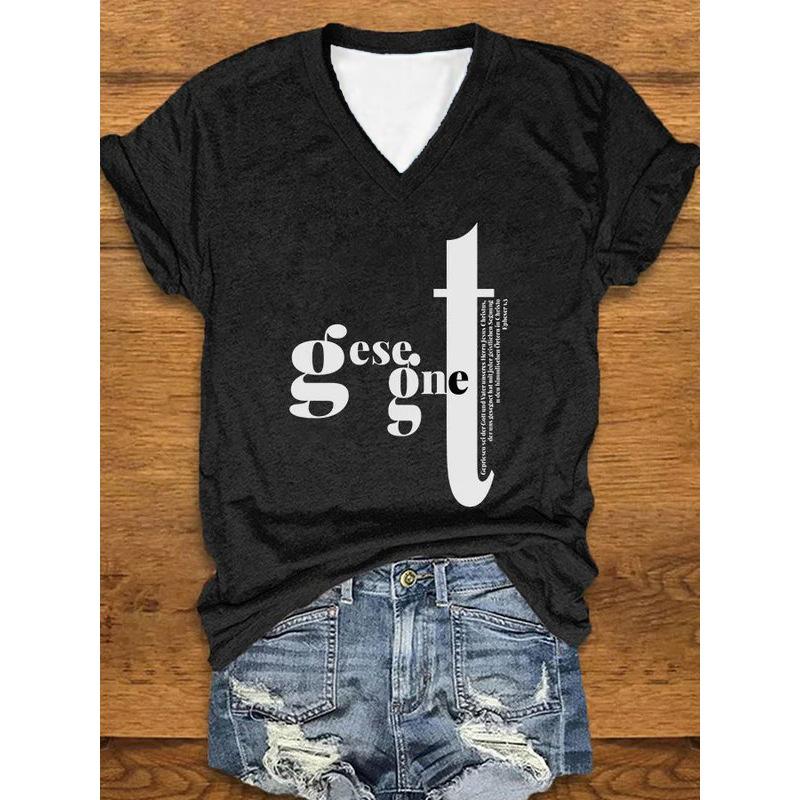 Spring and summer new women s short sleeved fashion trend loose casual V-neck T-shirt women s 3D digital printing 3424 KTB S