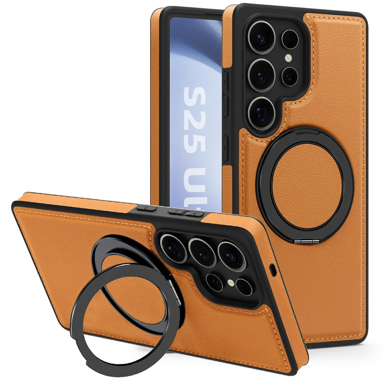 For Samsung Galaxy S25 Ultra Case with Ring Kickstand Magnetic Case PU Leather Back Cover A