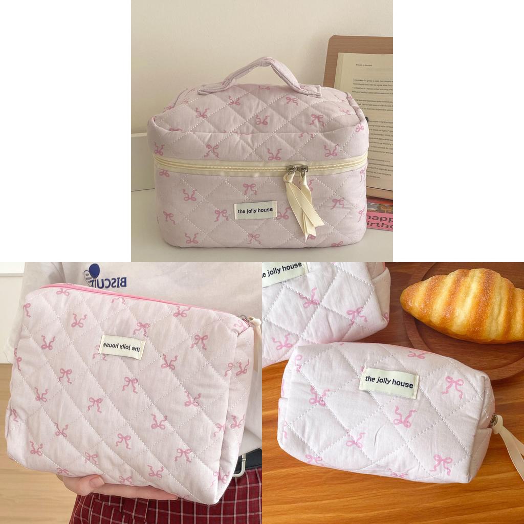 Cotton Pink Ribbon Bow Makeup Bag With Breathable Design For Students And Daily Use