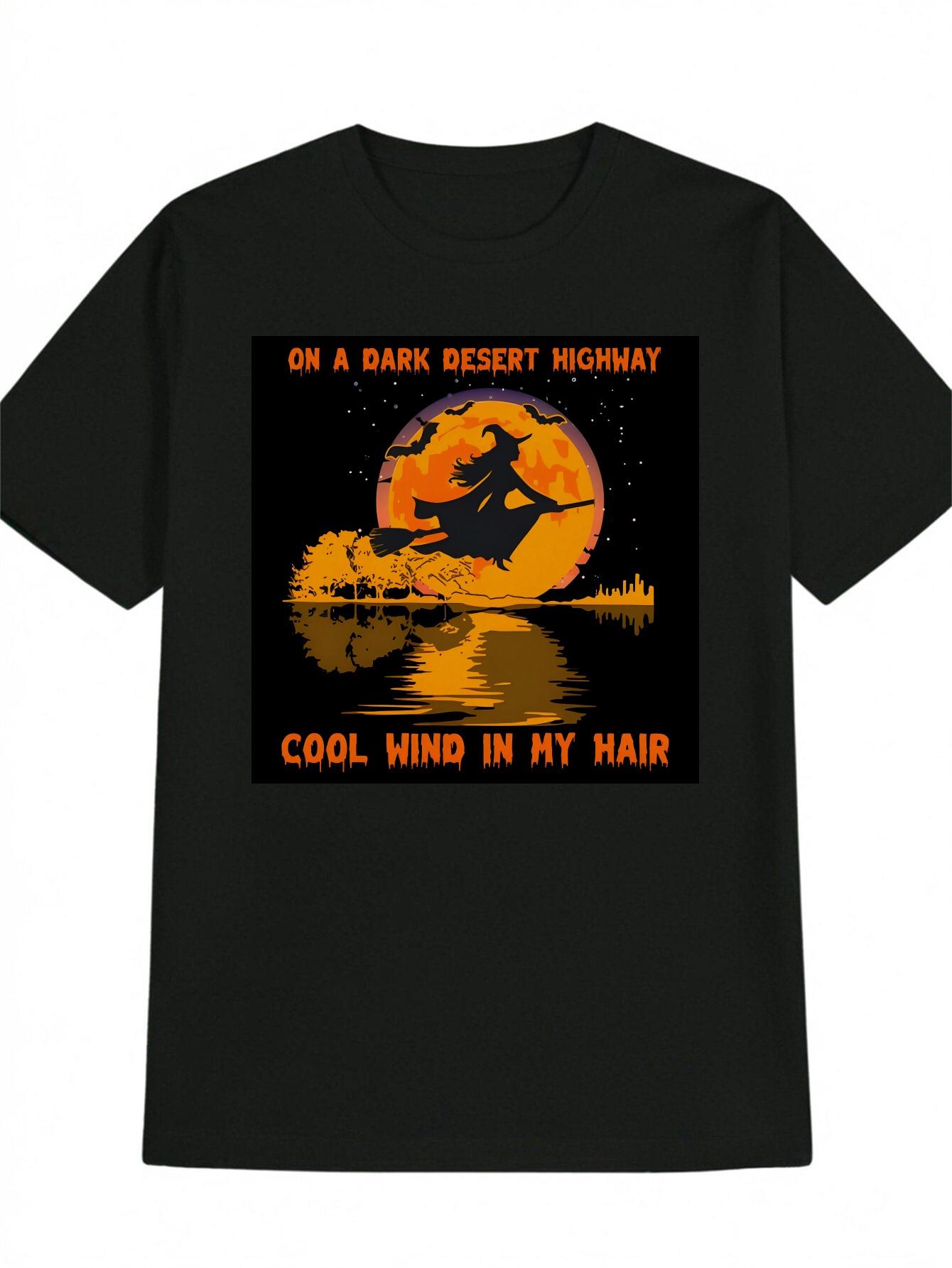 

Casual Round Neck T-shirt with On a Dark Desert Highway Graphic Print - Full Moon & Wizard Broomstick Design XL