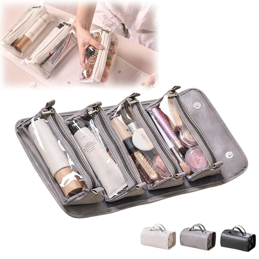 Travel Toiletry Bag 4 Detachable Clear Multi Compartment Hanging Makeup Bag Leather 4 In 1 Roll Up Large Capacity Compact Foldable Cosmetic Bag