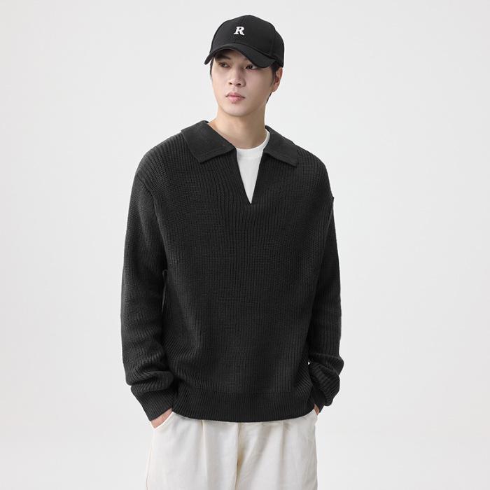 2025 Autumn/Winter Men s Solid Color Warm Knit Sweater, Turn-Down Collar, Korean Style Lapel M