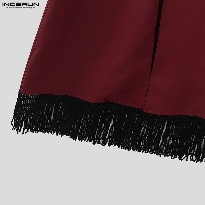 INCERUN Men Lapel Neck Long Sleeve Open Front Tassel Long Blazer Coats