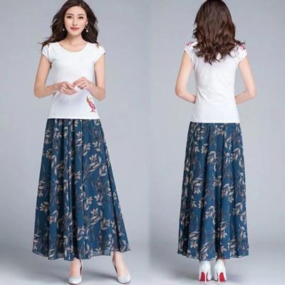 Femmes Été Automne Glace Soie Imprimé Floral Jupe Élastique Taille Haute A-ligne Jupe Grande Taille Tout-match Décontracté Grande Balançoire Jupe Longue