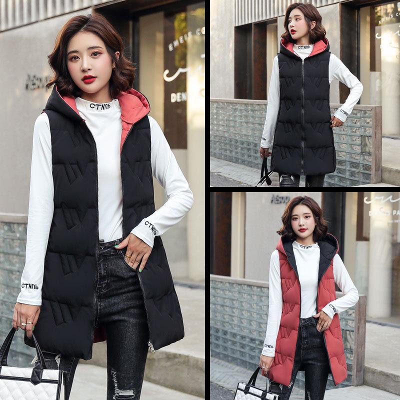 Autumn and Winter Women's Solid Color Loose Vest Hooded Long Reversible Vest Jacket Cotton Padded Women's Windproof Warm Vest