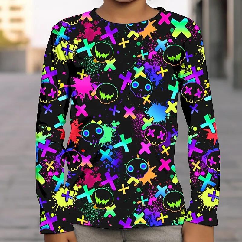 Spring and Autumn Round Neck 3D Halloween Printed Top Fashionable Casual Long Sleeved Children's Boy T-shirts