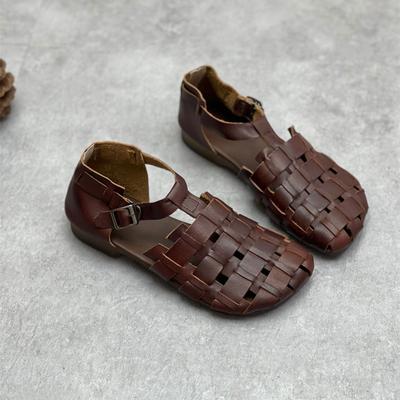 Mode 2CM Echtes Leder Damen Sandalen Weichsohlige Ausgehöhlte Flats Sandalen Runde Zehen Schnalle Freizeit Flach Sommer Damen Schuhe