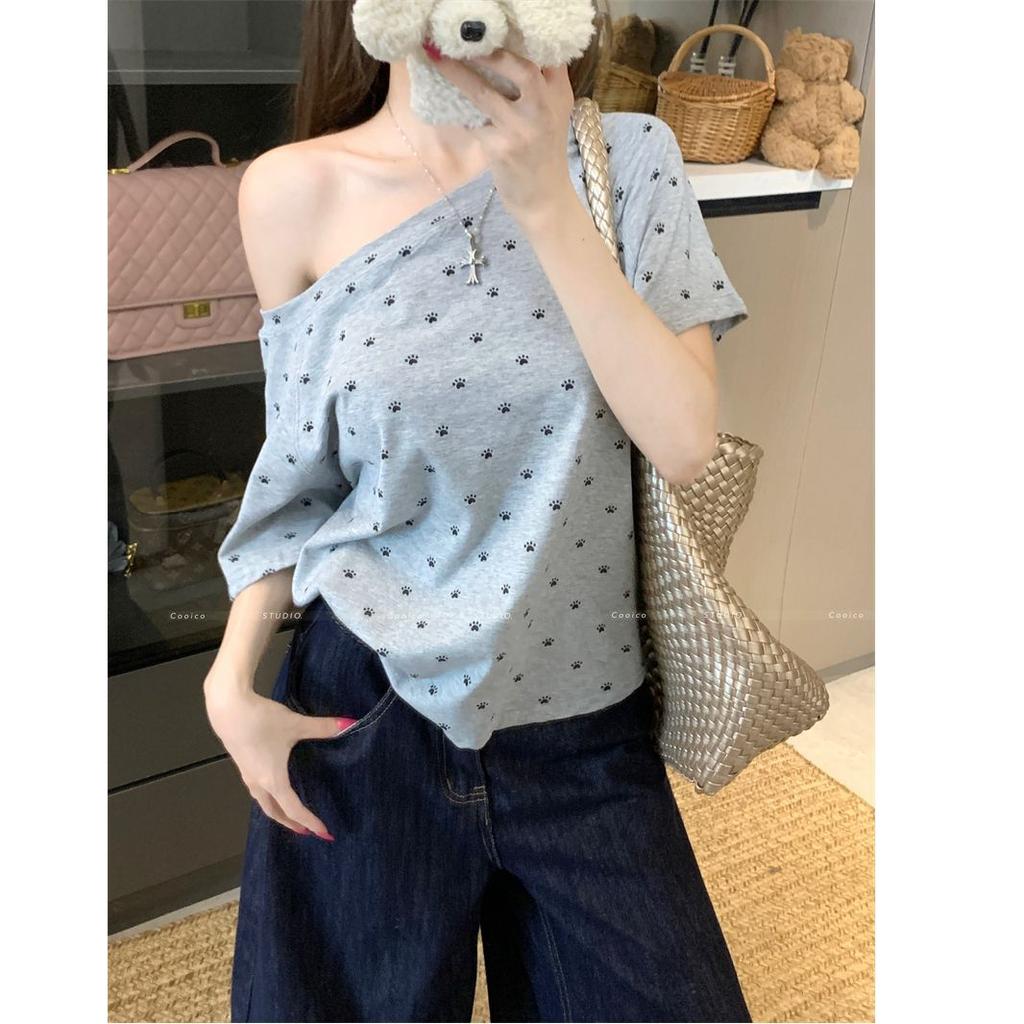 Large Size American Spice Girl Slanted Shoulder Off-shoulder Short-sleeved T-shirt Women's Summer New Printed Versatile Lazy Style Top