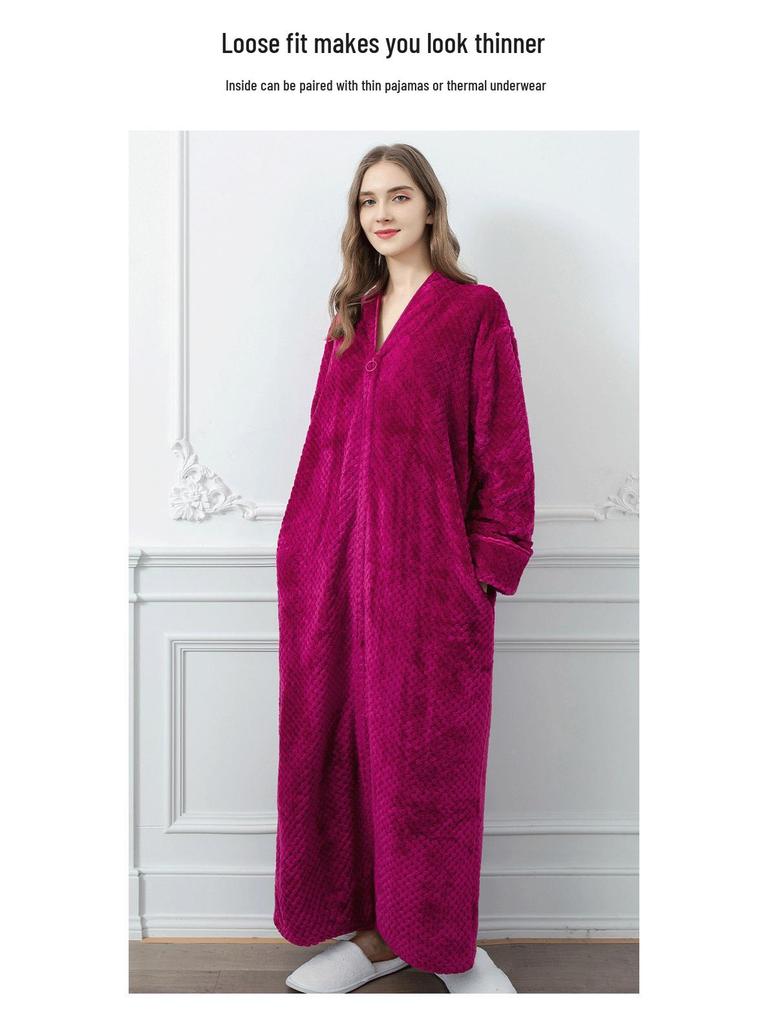 Unisex Extra Long Velvet Bathrobe - Plus Size, Thick, Warm Coral Fleece for Autumn & Winter, Maternity-Friendly Homewear