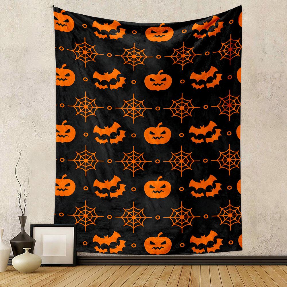 Halloween Bats, Pumpkins, and Web Pattern Patterned Tapestry Decorative Wall Hanging, Home Bedroom Living Room Decor