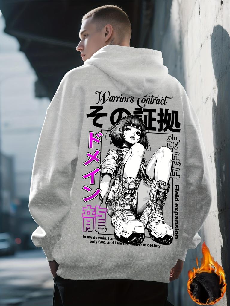 Men's Fall/winter Casual Sports Street Anime Manga Female Character Pattern Printed Outdoor Warm Hooded Sweatshirt