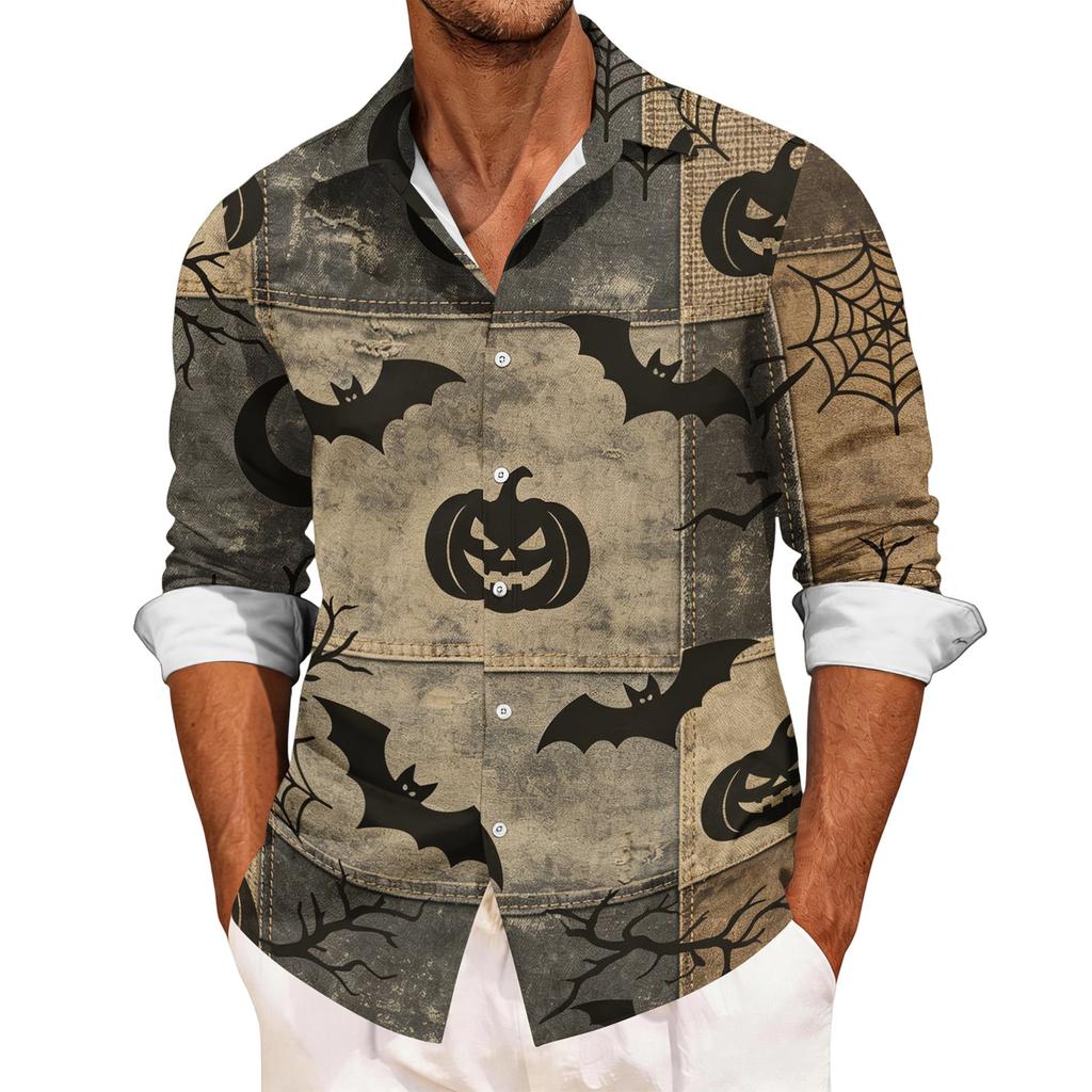 Men's Casual Long Sleeve Button Down Shirt Halloween Print Patchwork Design Lightweight Breathable Fabric Relaxed Fit