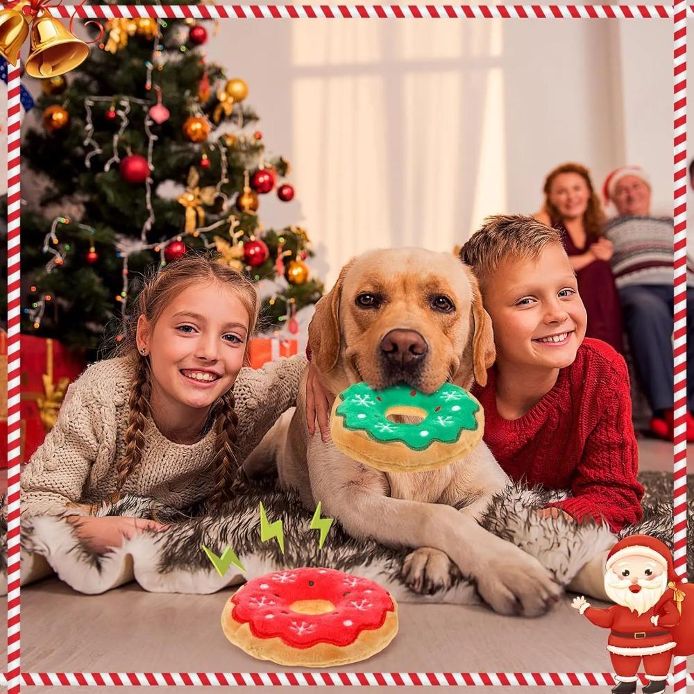 Christmas Dog Plush Squeaky Toys Donut Chew Toys Durable Stuffed Toys for Medium Small Puppy Aggressive Chewers Interactive Gift
