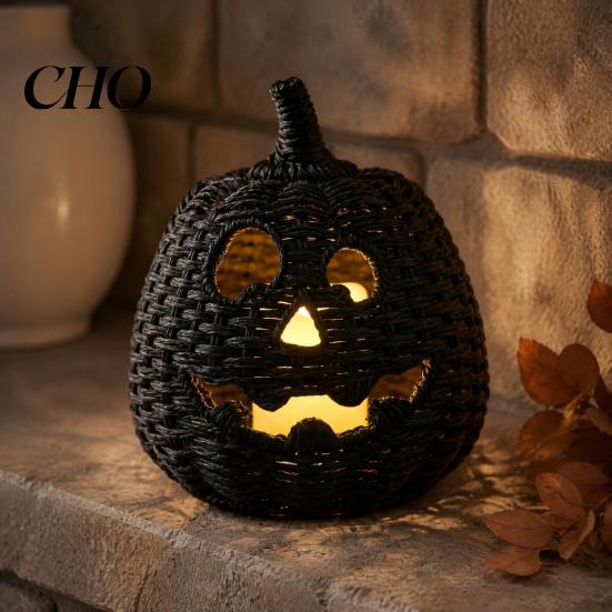 Bol à bonbons en résine noire Panier Citrouille d'Halloween, Lanterne Ornementale Tressée Fausse, Pot d'Éclairage d'Ambiance Mystérieuse Sinistre pour Décoration de Table de Chevet Cheminée