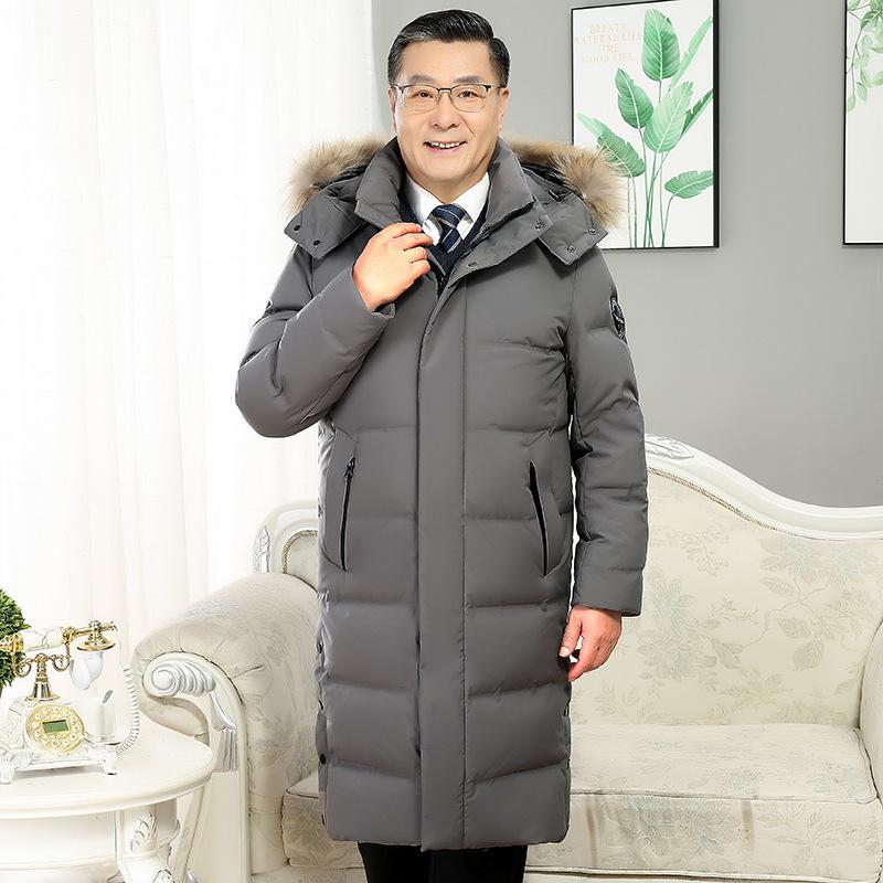 Dad Winter Clothing Middle-aged and Elderly Down Jackets for Men Over The Knee Long Thickened Cold-proof Big Fur Collar Pie To Overcome White