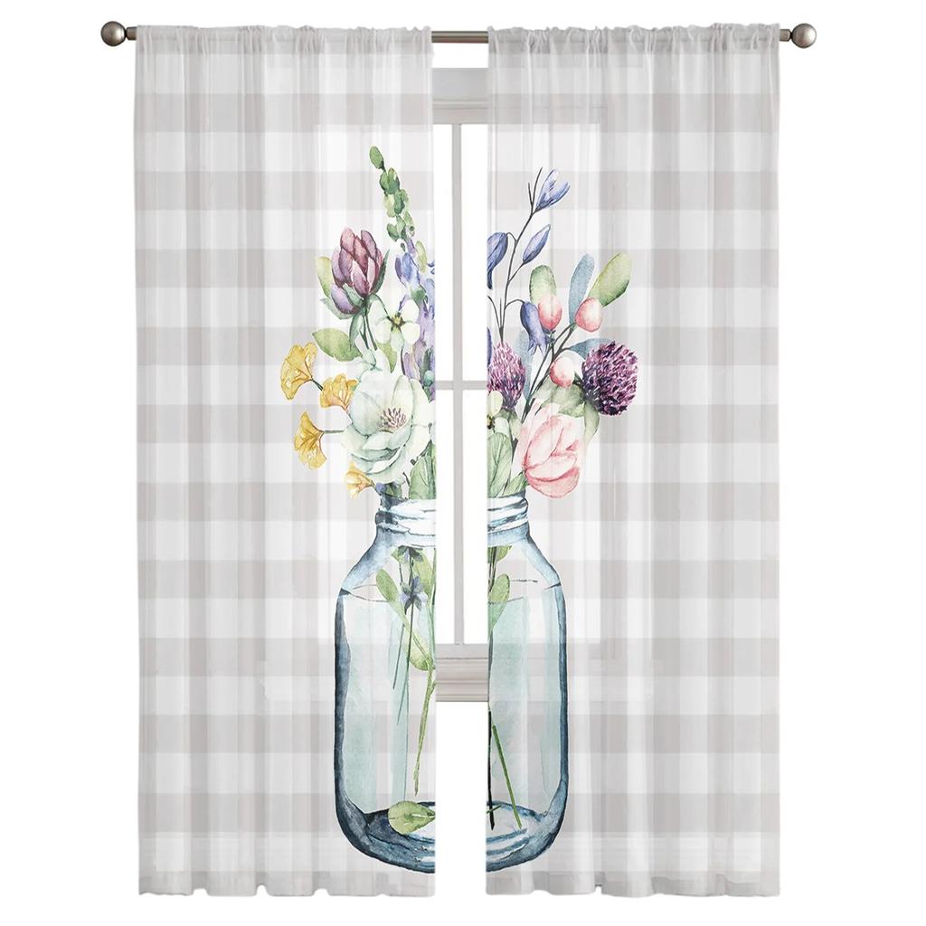 Flower Glass Vase Grey Plaid Sheer Curtain for Living Room Hall Wall Dress Up Home Window Supplies Pop Print Tulle Curtains