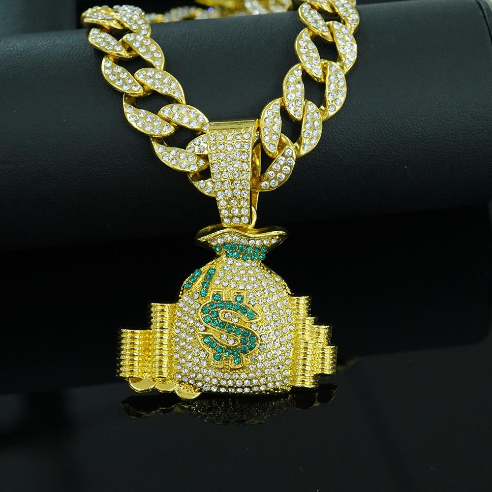 Popular diamond-encrusted money bag pendant, new alloy necklace, daily casual wear, personalized hip-hop Cuban chain.