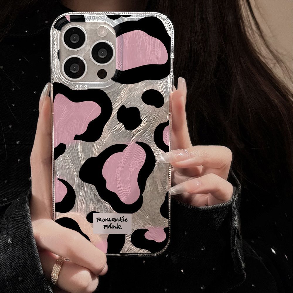 Sweet and cool black pink leopard print is suitable for iPhone17promax Apple 16IMD feather yarn mobile phone case 14/13 large hole 15.