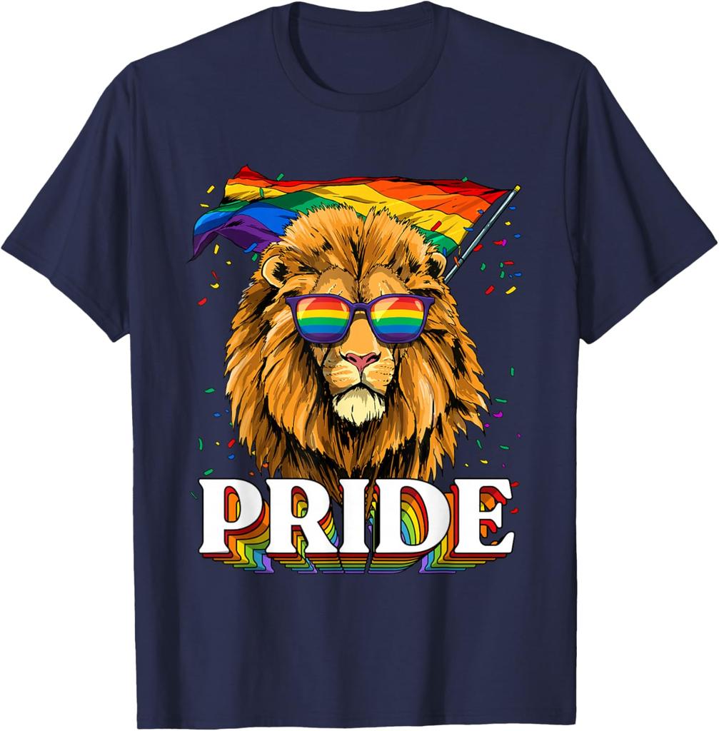 Lion Pride LGBT Rainbow Flag Sunglasses Graphic Tee Casual Cotton T-Shirt for Men
