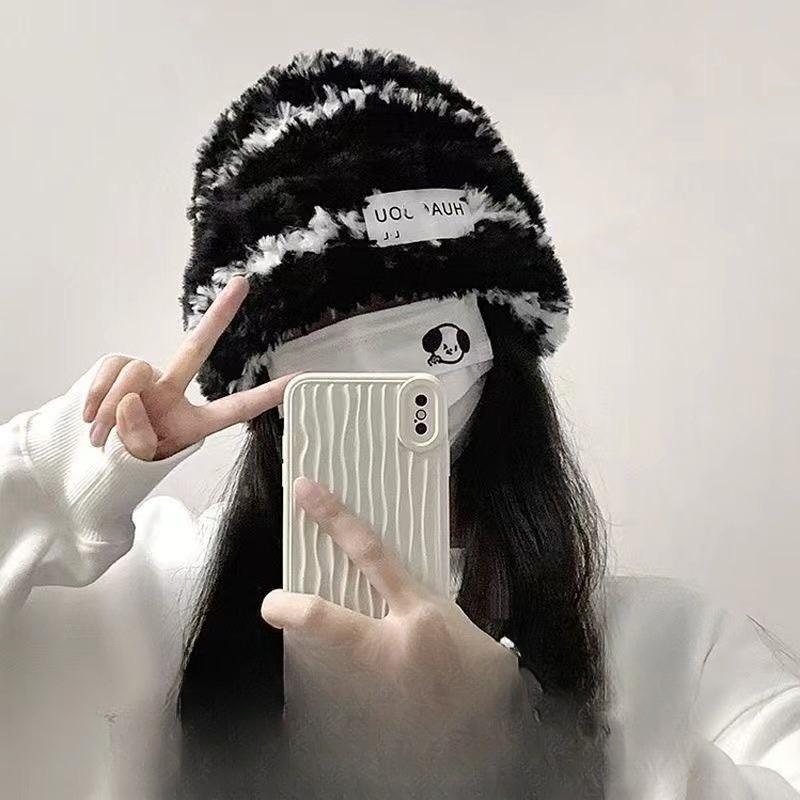 Winter Woolen Striped Knit Hat for Women Fluffy Warm Thickened Large Head Circumference Earflap Face-Slimming Slouchy Hat