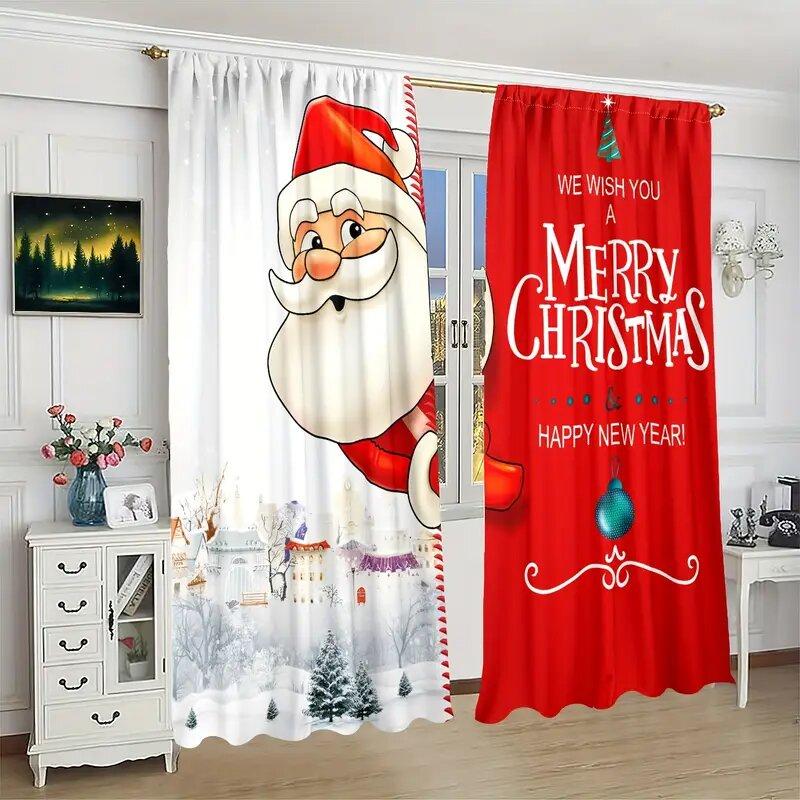 Christmas Curtains Santa Claus Printed Home Decoration Room Set Of 2 Made Polyester