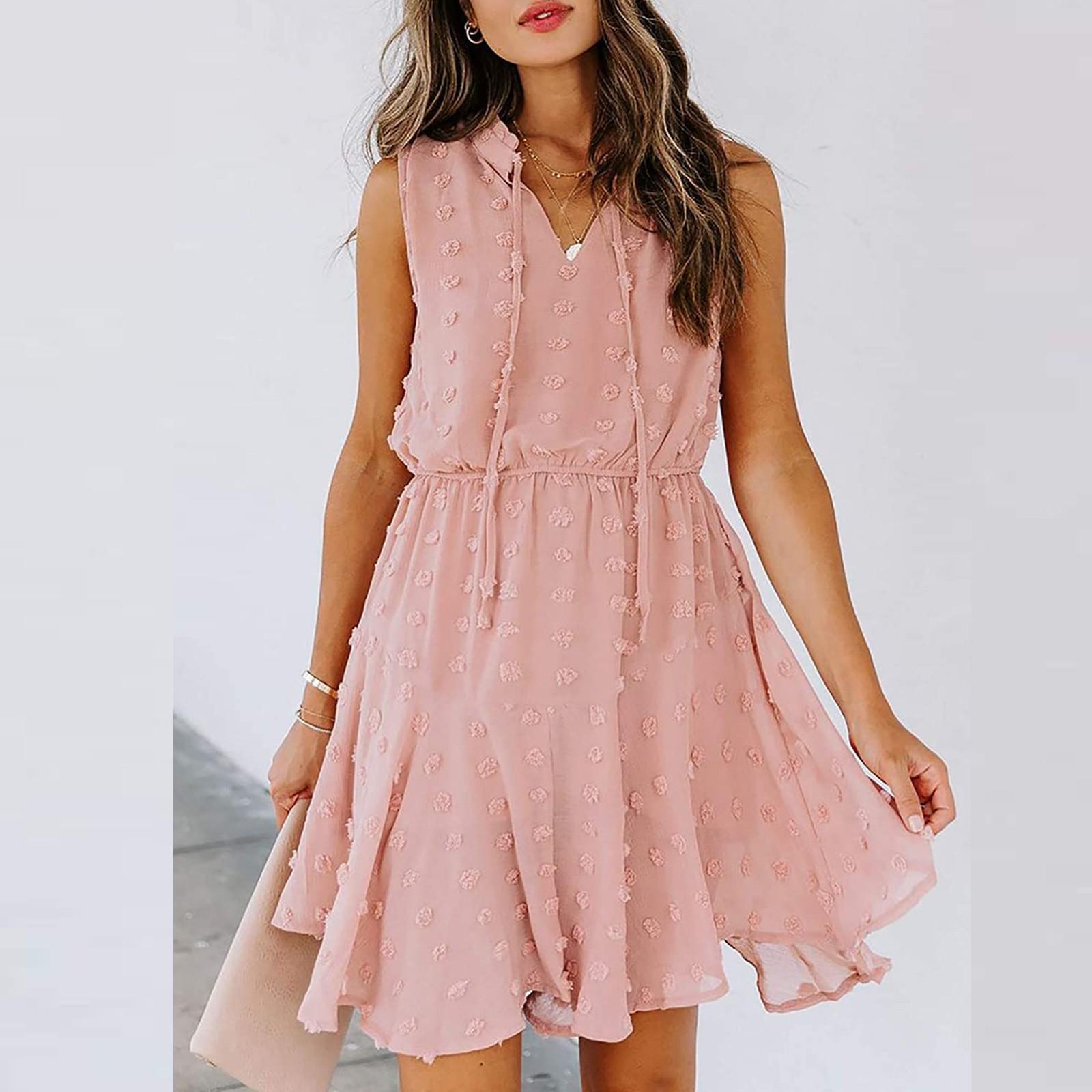 

Модные женские летние повседневные короткие платья без рукавов с v-образным вырезом и высокой талией M розовый