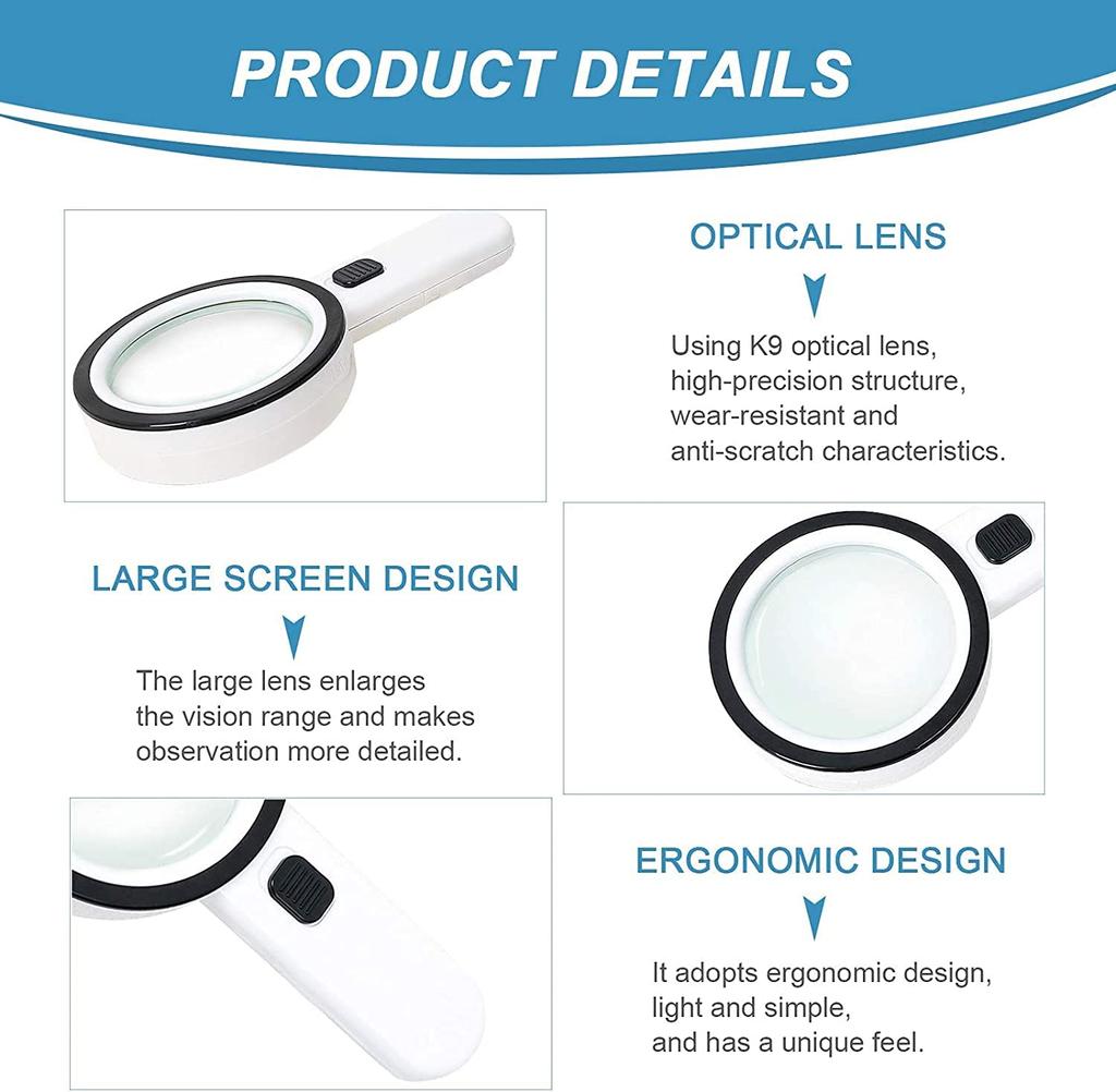 30X Handheld Magnifier 12 LED Illuminated Magnifying Glass with Light for Seniors Reading Inspection Coins Jewelry Watch Repair