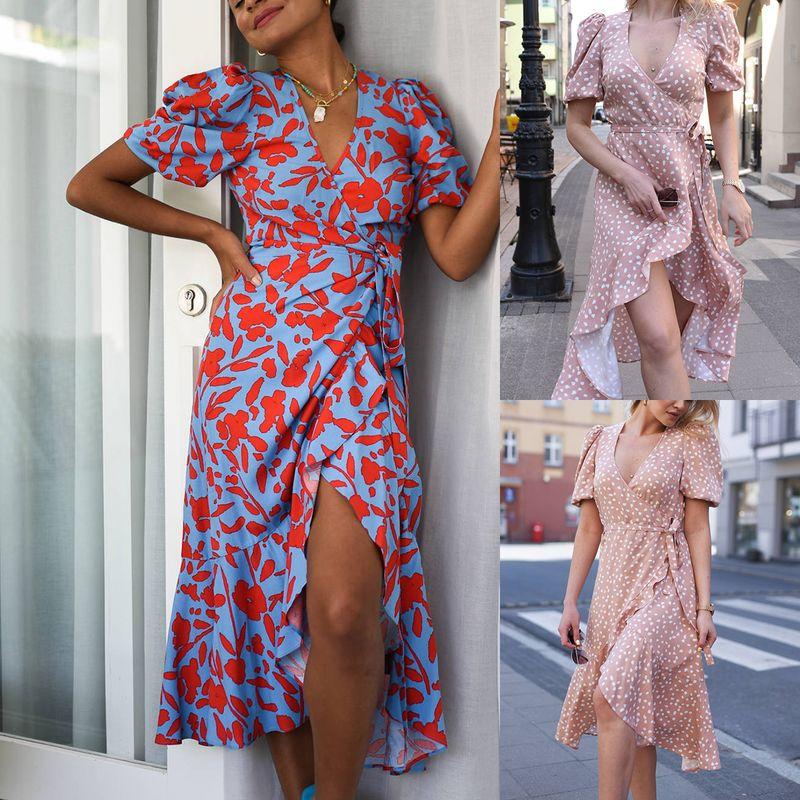 

Amazon Short Sleeve Split Asymmetrical Ruffled Long Dress Pink dots S