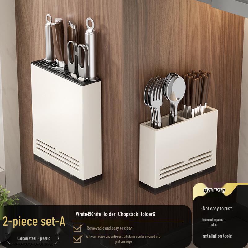 White Wall-Mounted Kitchen Rack: No-Drill Seasoning, Knife, and Chopsticks Organizer