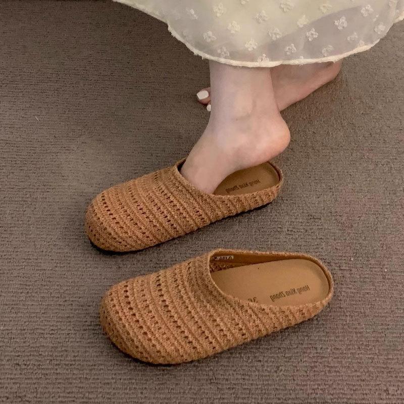 Fashion woven hollow breathable bag head half drag women's outer wear 2025 spring and summer new thick soft bottom cool slippers