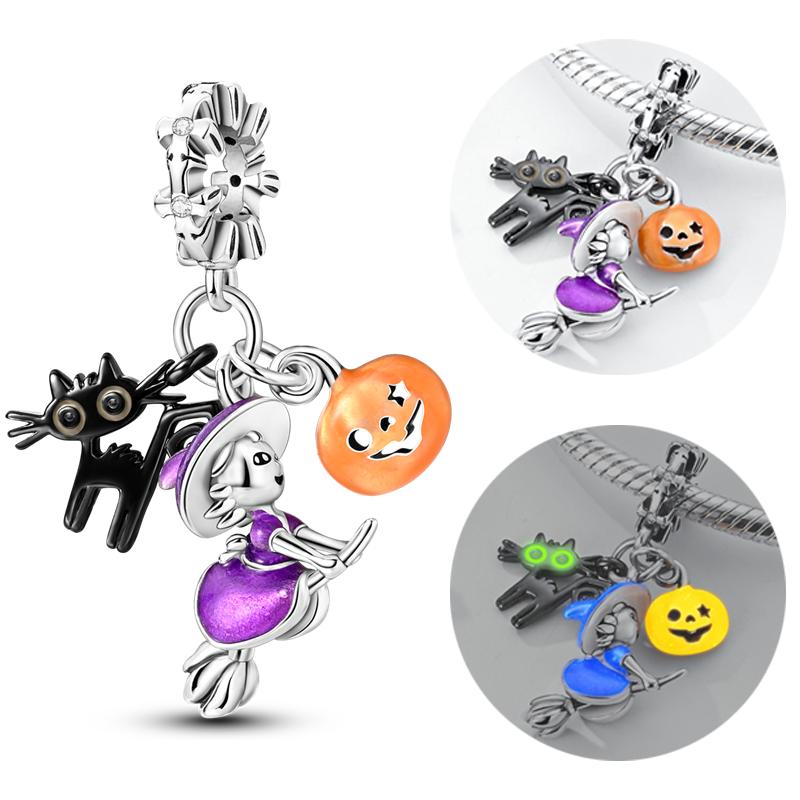 Halloween Copper Charms Beads Pumpkin Skeleton Witch Skull Bat Pendants Fit Bracelet Diy Women Jewelry Gift