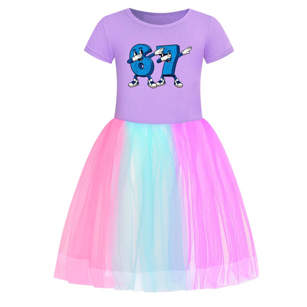 5226 Kids Girls Steal a Brainrot 67 Six Seven Print Mesh Rainbow Round Neck Casual Casual Cotton Dress