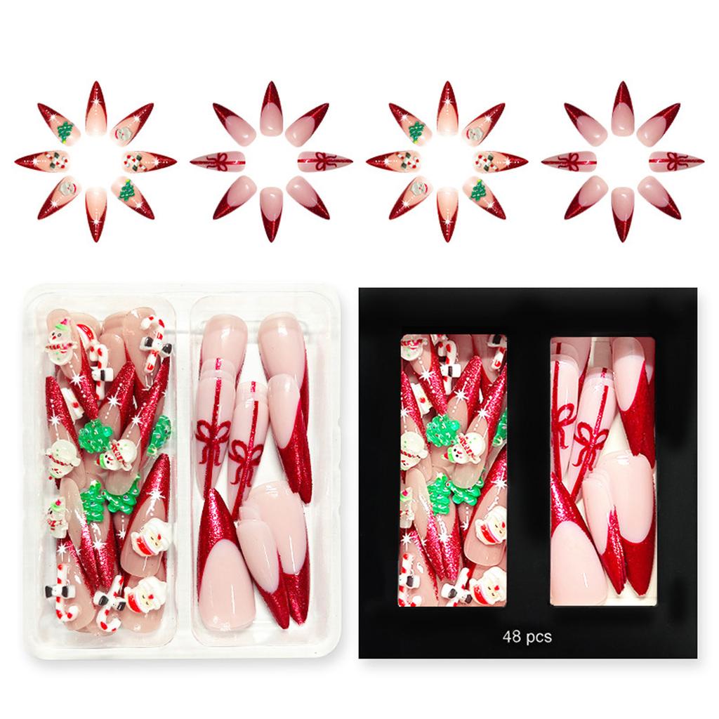 Elegant French Tip Glitters Press On Nail 48PCS Set Long Coffin Shape Snowman Christmas Theme Artificial Nail For Gift