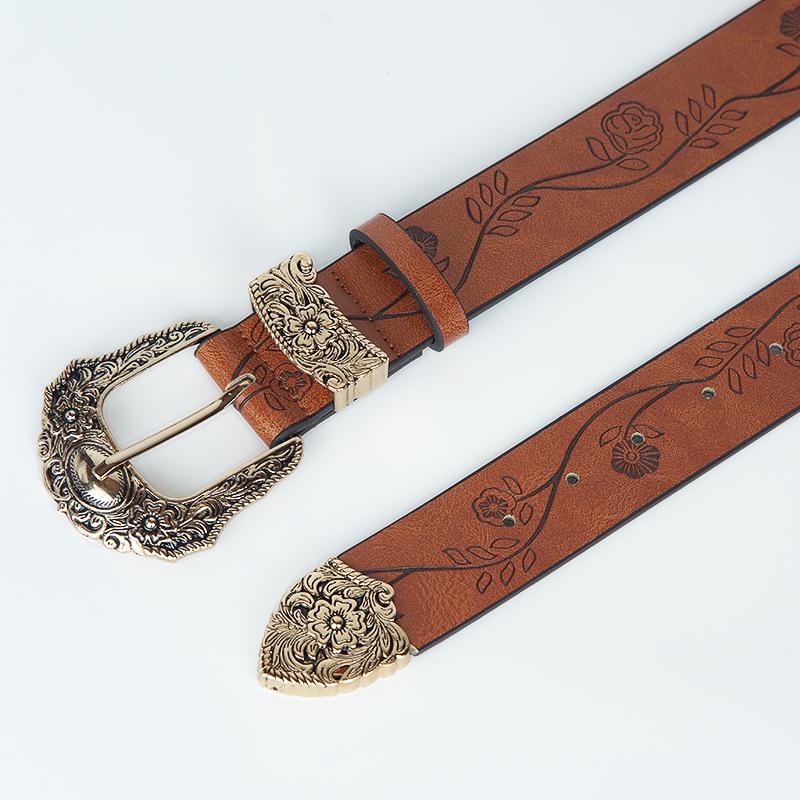American Western Style Flower Embossed Pin Buckle Belt, Retro and Old Bronze Engraved Buckle Women's Dress Belt