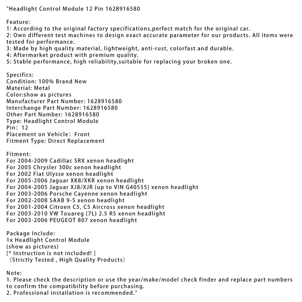 Headlight Control Module 12 Pin 1628916580 For 2005-2006 Jaguar XK8/XKR xenon headlight