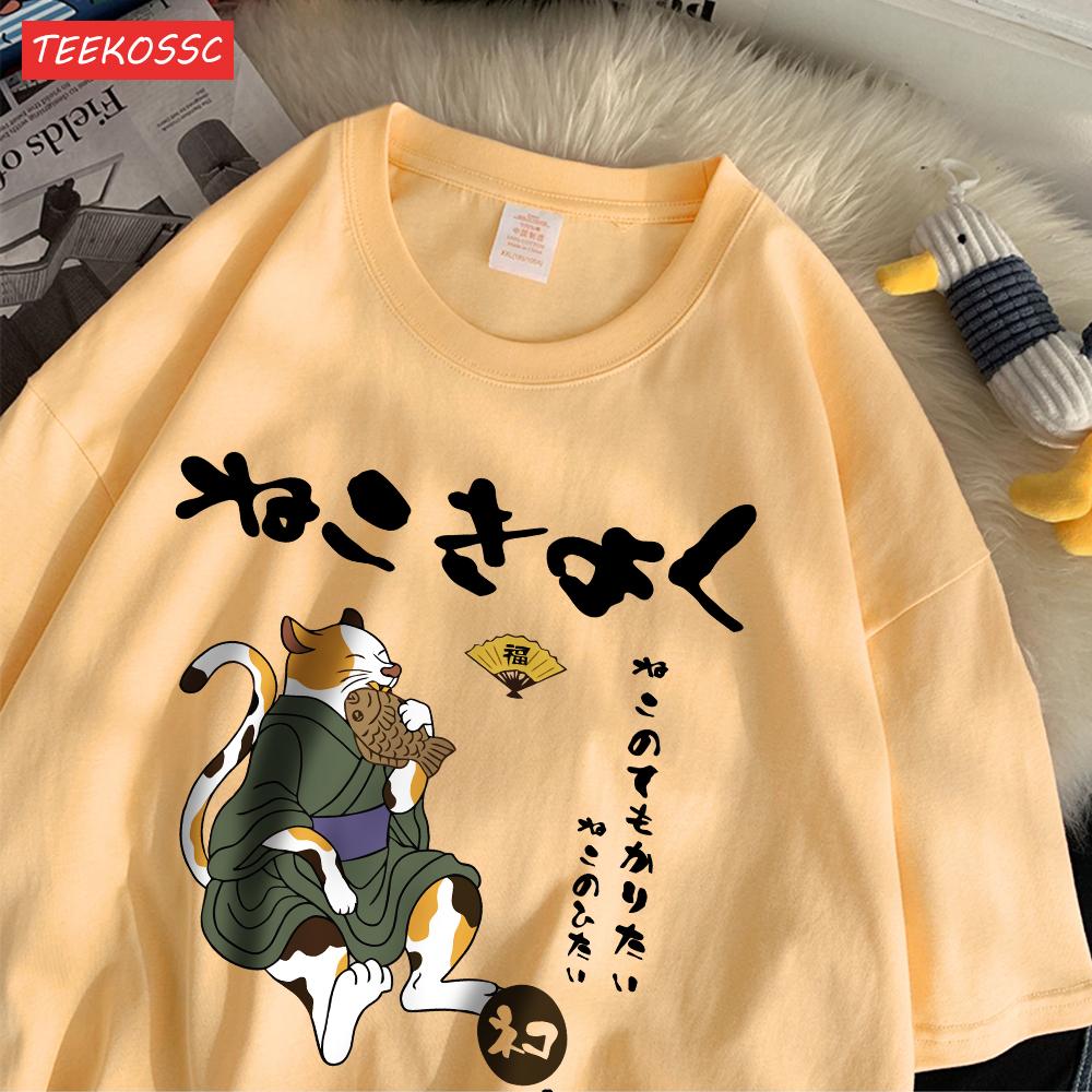 Casual Cotton WomenS TShirts Japanese Retro Fun Cats Printing Tees ONeck Loose Soft Short Sleeve Summer Street Female Clothes