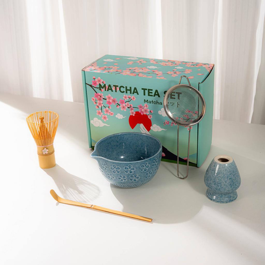 Japanese Matcha Tea Set With Cherry Blossom Pattern, Bamboo Whisk, Ceramic Matcha Bowl, Matcha Making Kit, Tea Utensils Set Gift