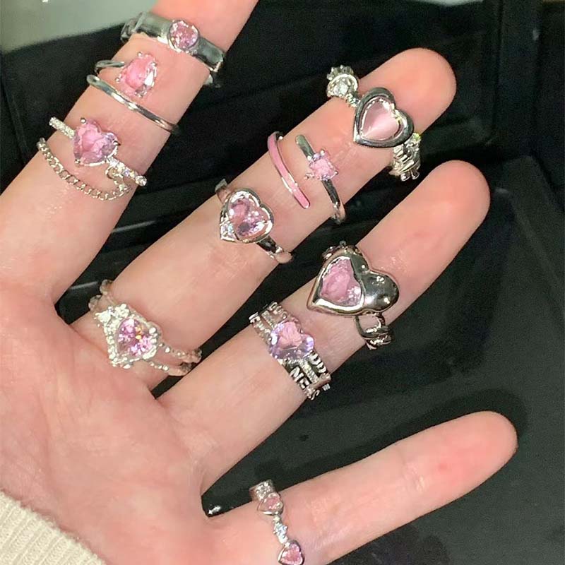 Kpop Pink Zircon Heart Open Ring For Women Girls Luxury Blue Opal Heart Couple Finger Rings Wedding Y2K Jewelry