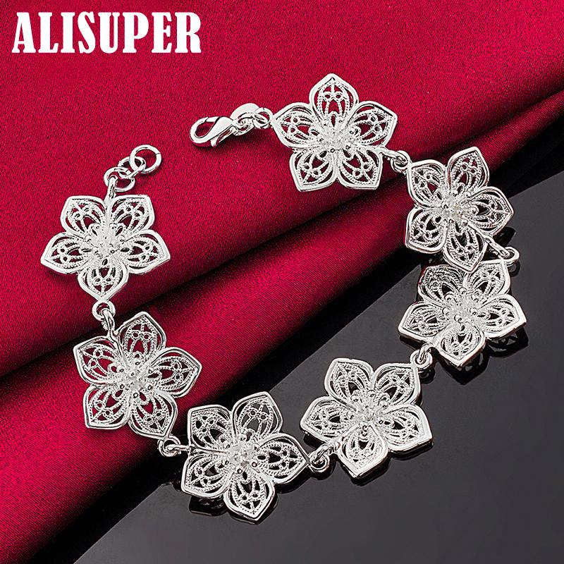 925 Sterling Silver Seven Flowers Bracelet Jewelry