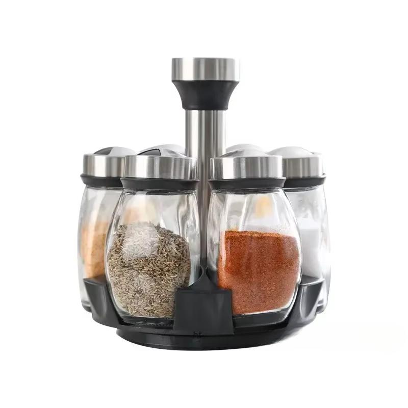 7-teiliges Set Gewürzgläser-Set mit Gestell Glas-Organizer Drehbar Glas-Gewürz Zucker Pfeffer Flaschen Salzstreuer Halter Küchen-Gewürzregal