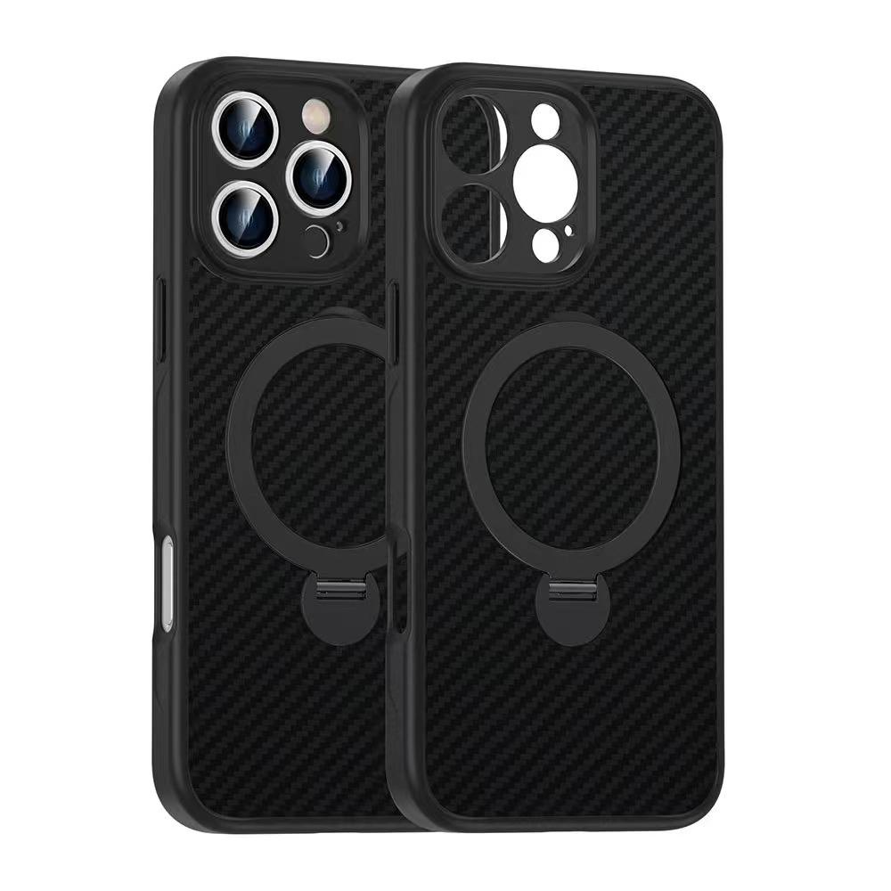 Deluxe Carbon Fiber Texture Phone Case For iPhone 16 15 14 Plus 13 12 Pro Max Magnetic Ring Stand Magsafe Wireless Cover