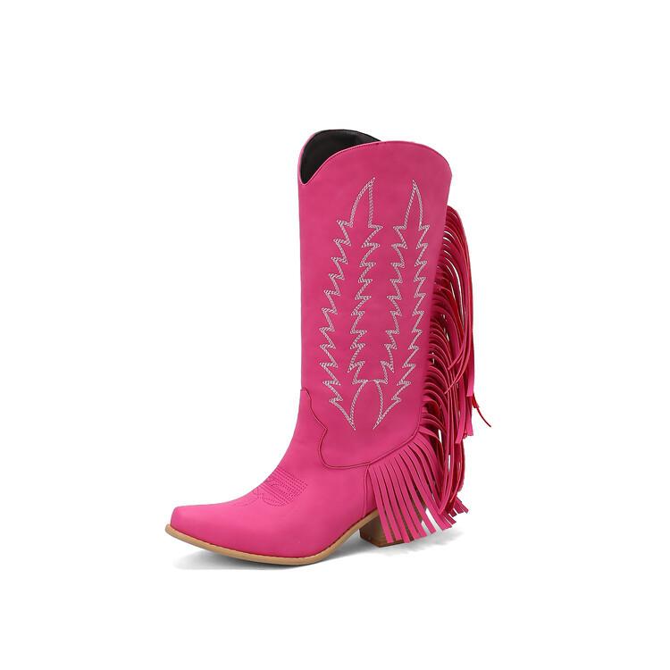 

Осень и зима ретро стиль вышитые бахромчатые сапоги острый носок средний каблук высокие модные сапоги 39 розы красного