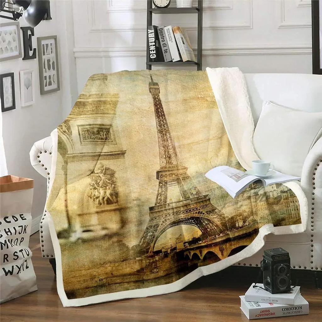 Paris Eiffel Tower French Style Soft Plush Blanket, Flannel Blanket Throw Blanket for Living Room Bedroom Sofa Cover