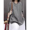 Damen Rundhals Dreiviertelarm Oberteil Locker Oversized Vintage Karomuster Bluse Chinesischer Stil Lässig Frühling Hemd