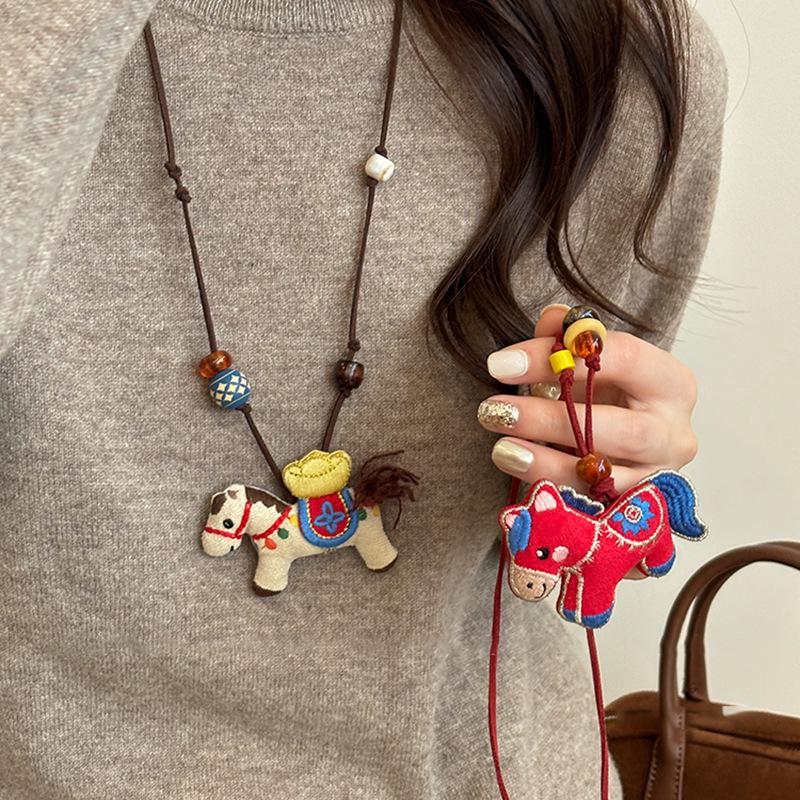 High-End Wooden Bead & Resin Horse Necklace - Luxurious Sweater Chain with Unique Design