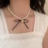 Women's Pearl Heart Pendant Ribbon Choker Necklace
