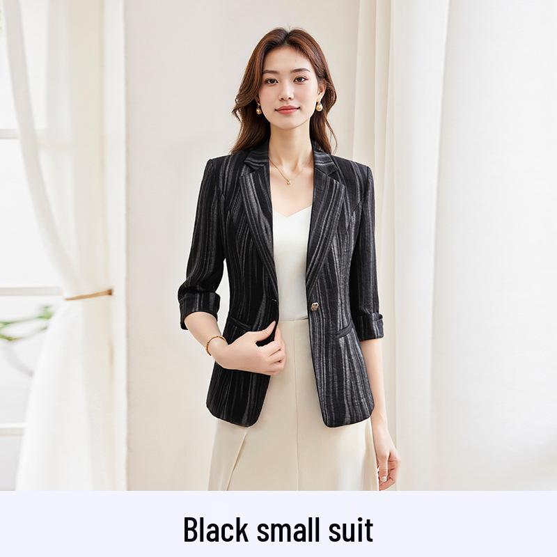 

Женский приталенный синий пиджак в полоску - Весна, Высокий дизайн, Короткий, Повседневный, Рукава 3/4 4XL