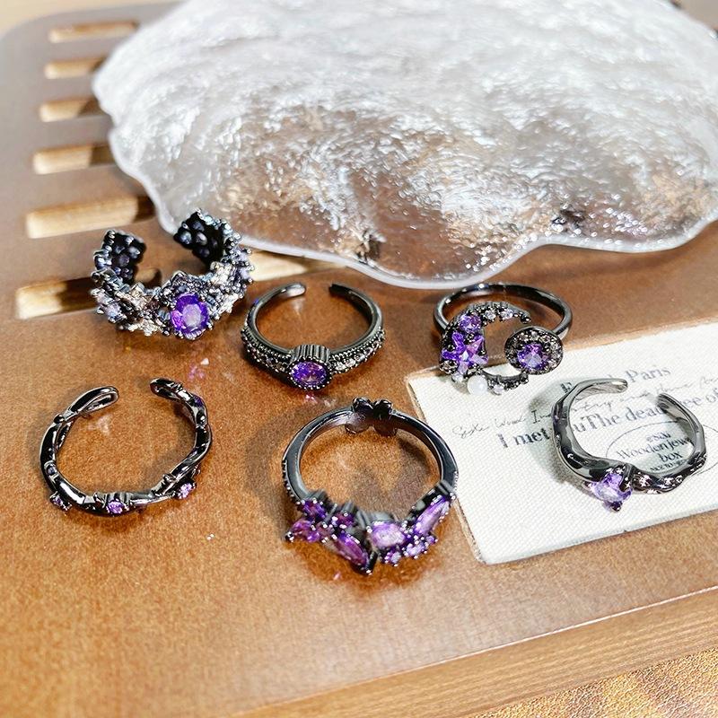 [Die dunkle Welt] Dunkellila Zirkon Persönlichkeit Punk Offener Ring Voll von Diamanten Zirkon Nische Stapelring