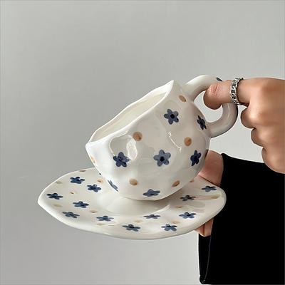 Cute Floral Ceramic Coffee Cups and Plates with High Aesthetic Value, Underglaze Color Hand-painted Cups and Plates